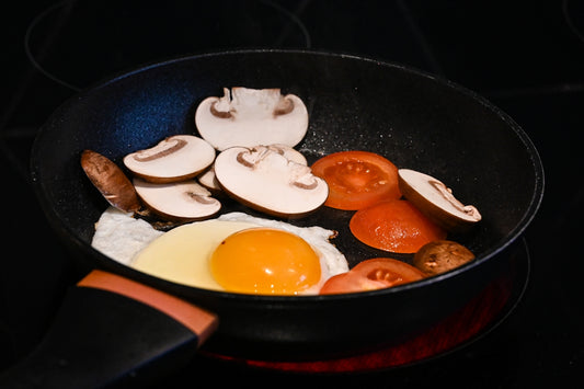 A frying pan filled with mushrooms and eggs